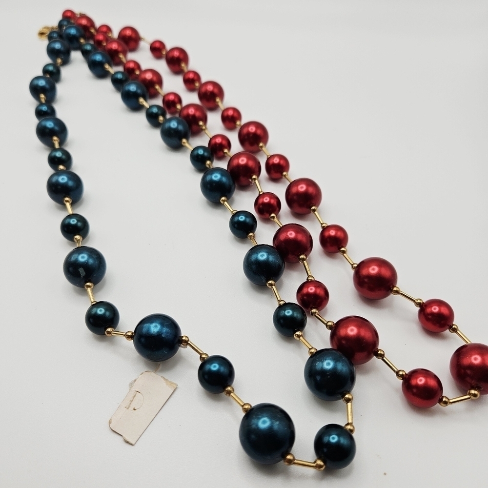 NEW VINTAGE Metallic Red and Blue Plastic Beaded Necklace Set